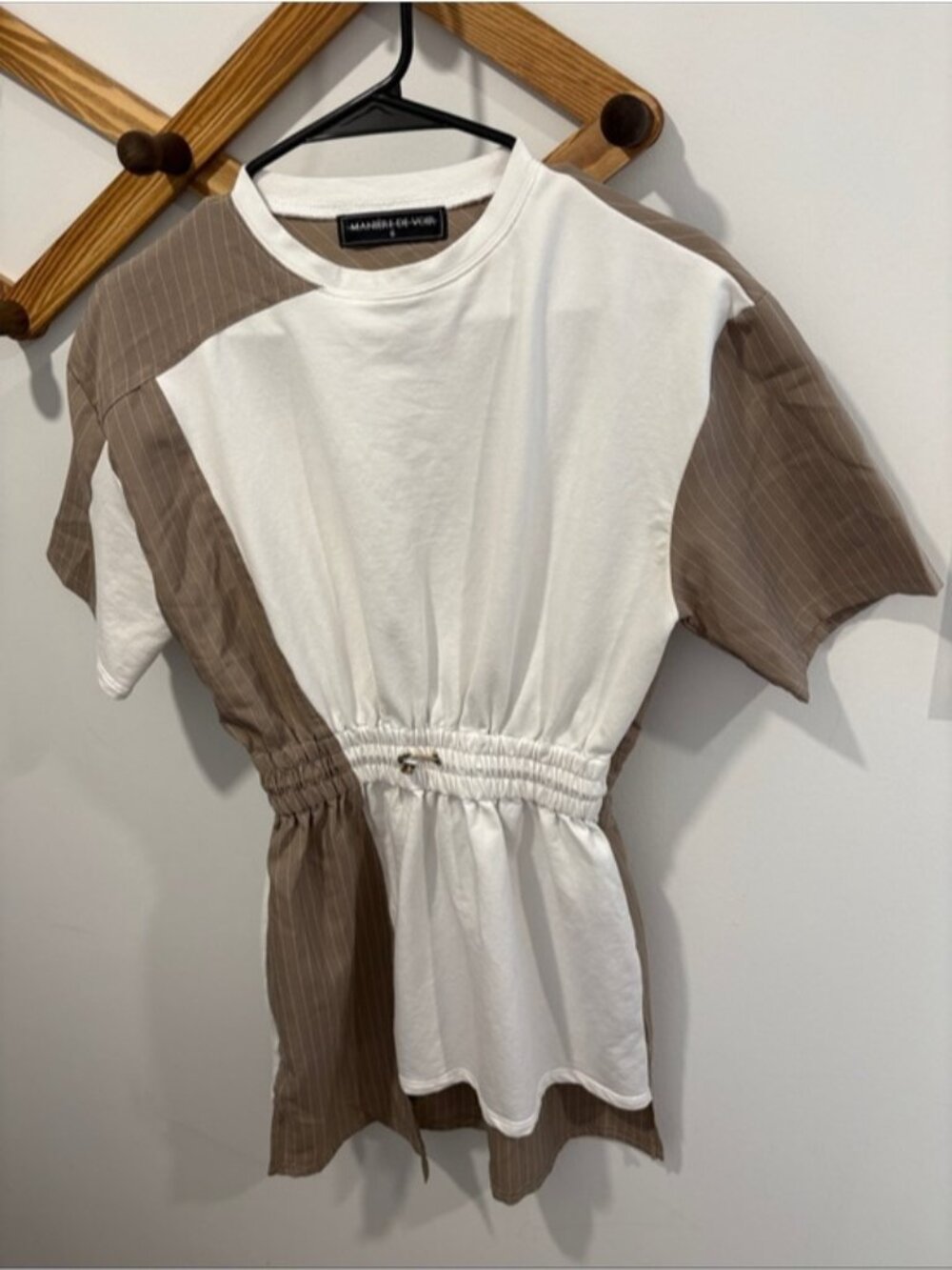 Manière De Voir Asymmetrical Pinstripe Mini Dress in white and taupe.